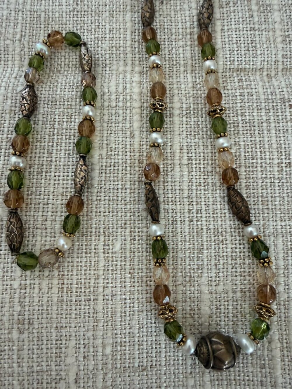 Beaded necklace & bracelet set, amber & peridot colored with pearls & gold clip